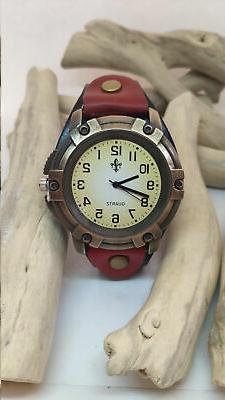 O Con Cinturino In Pelle Nero E Rosso, Economico Al Quarzo. 