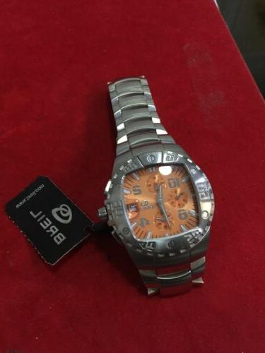 orologio uomo cronografo in acciaio quadrante arancio