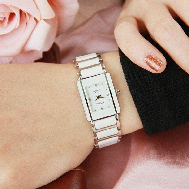 stile lusso rettangolare quadrante ceramica strass orologio