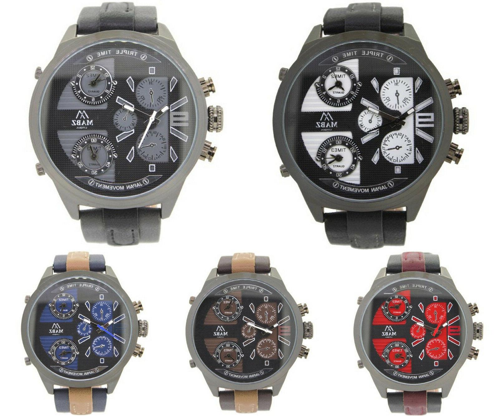 uomo triple time zone pelle cinturino orologio