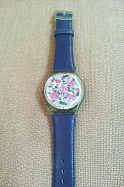O Swatch Donna, Quadrante Floreale, Cinturino In Pelle Blu.