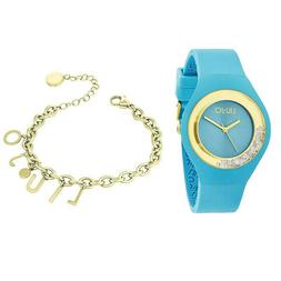 O Donna Silicone Turchese Con Cristalli + Bracciale Acciaio 